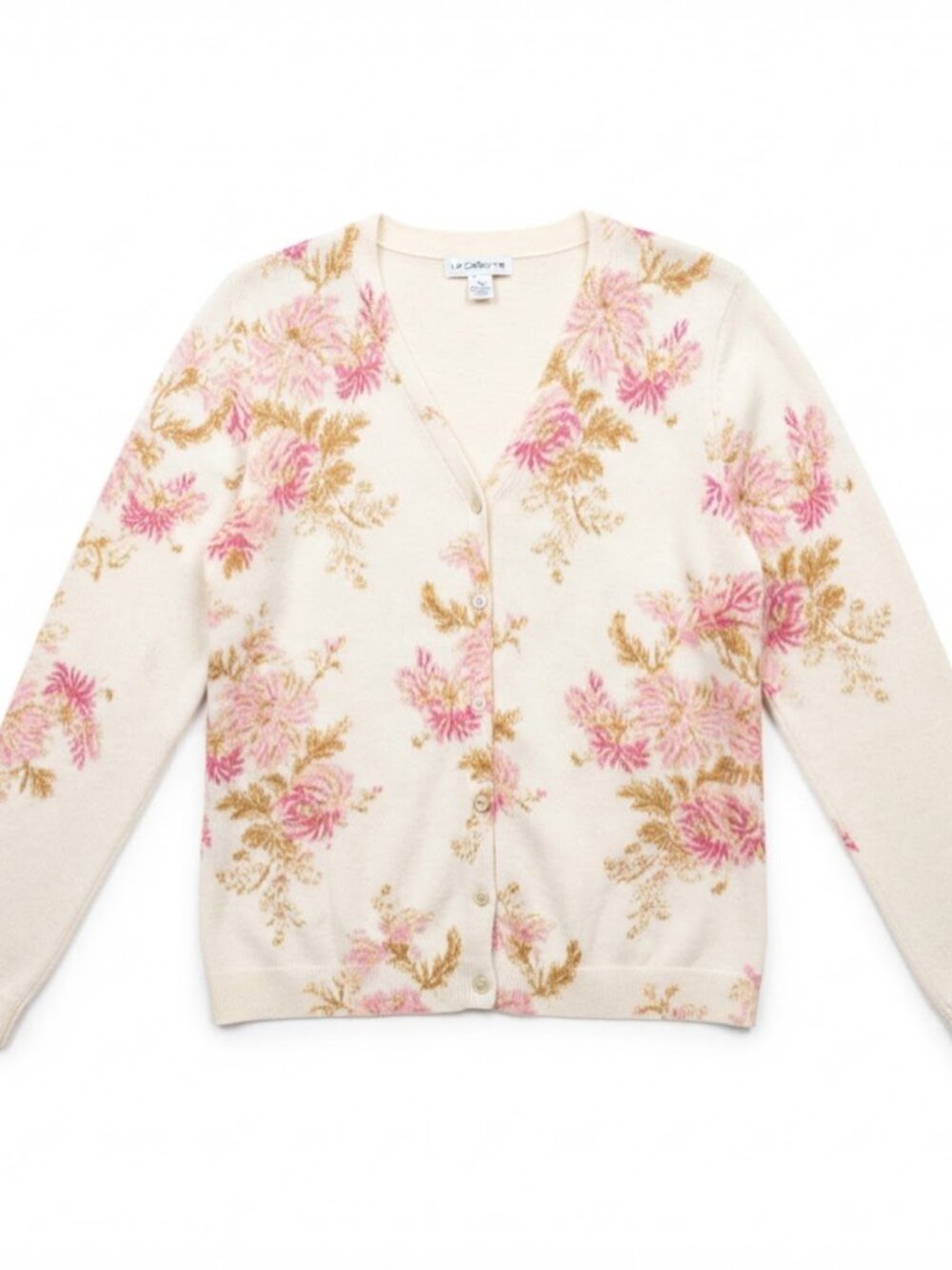 Liz Claiborne Vintage Rose Floral Gold Metallic Button Cardigan Sweater